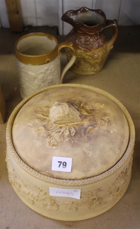 Doulton and Watts stoneware hunting jug, a stoneware mug and a Wedgwood caneware tureen and cover
